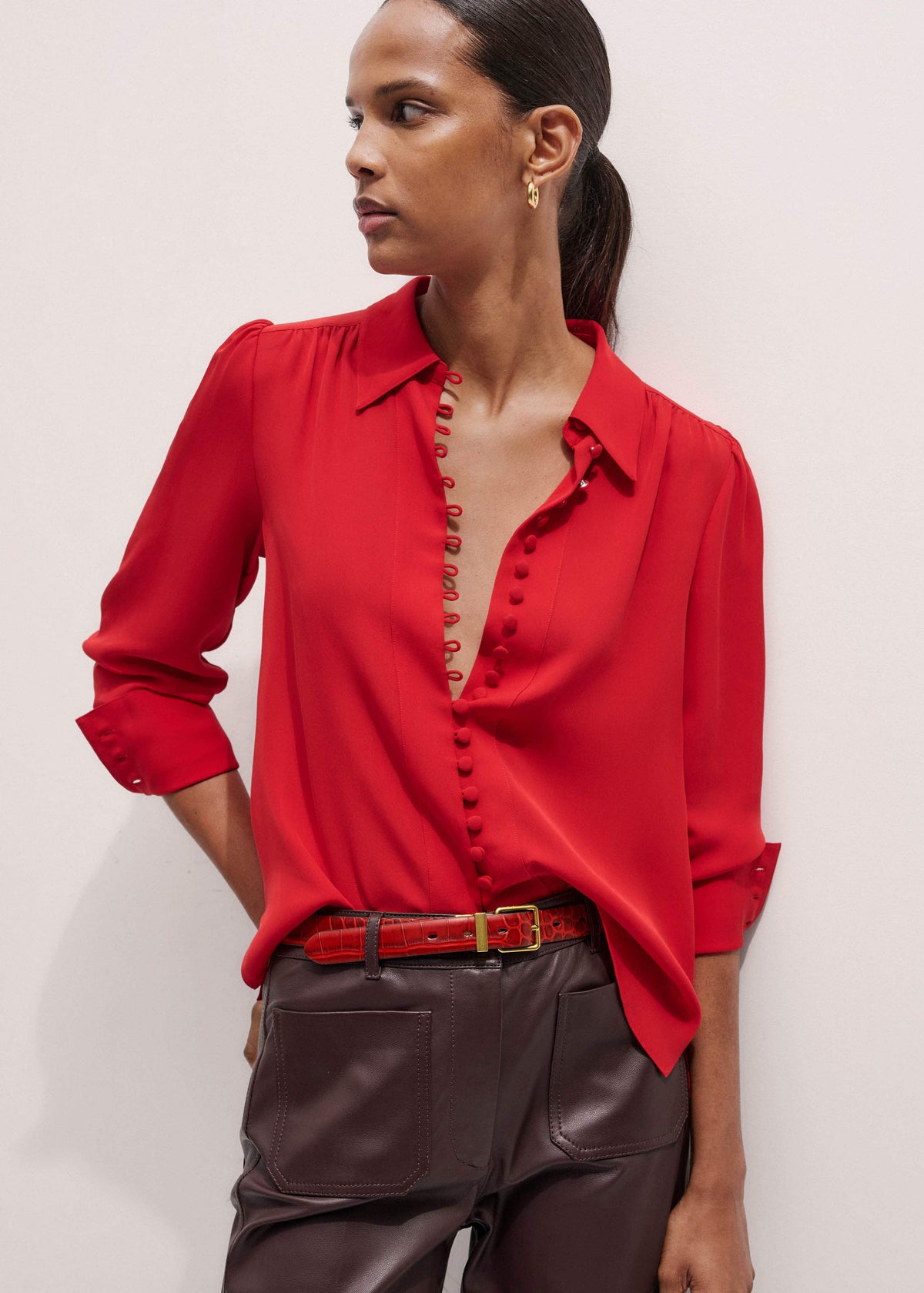 Red Silk Button Layering Shirt + Tie | ME+EM