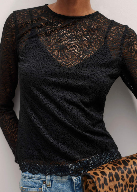 Black Lace Crew Neck Top | ME+EM
