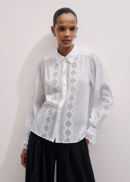 White Cotton Broderie Detail Straight Shirt | ME+EM
