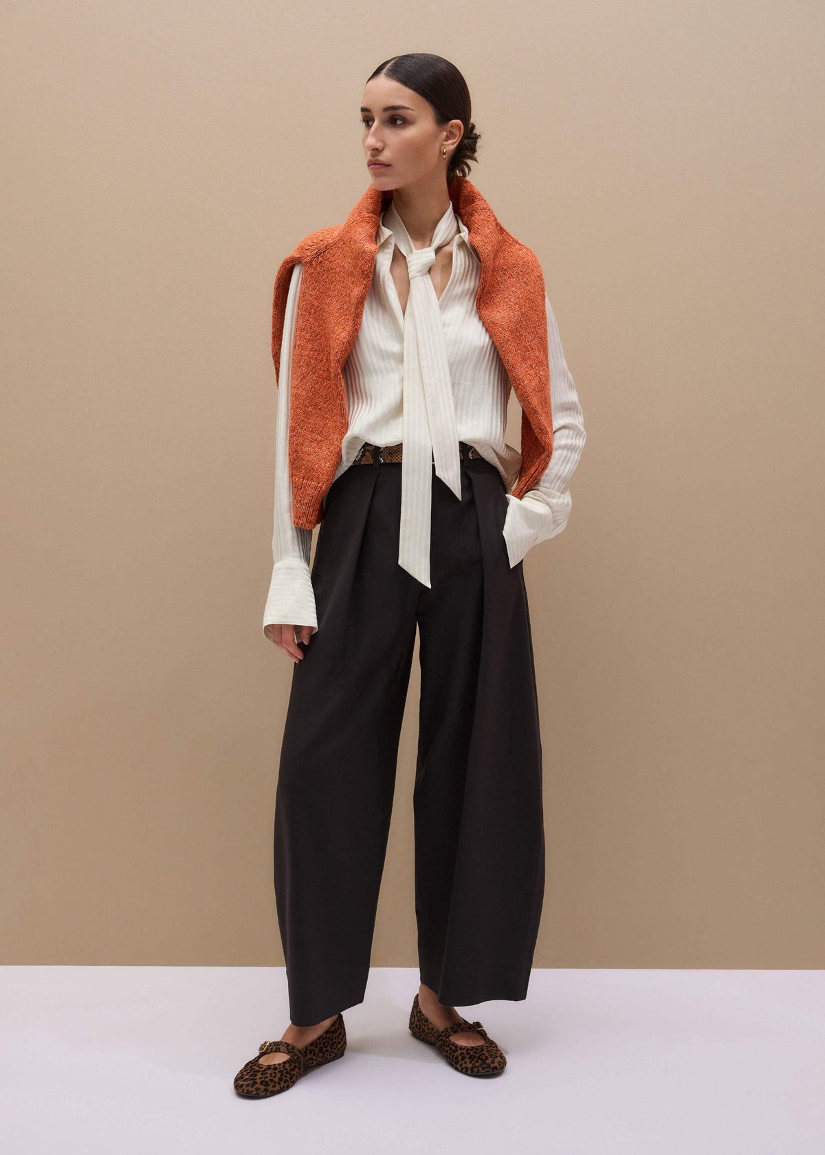 Cream AM-PM Stripe Fluid Satin Shirt + Tie | ME+EM