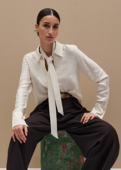 Cream AM-PM Stripe Fluid Satin Shirt + Tie | ME+EM