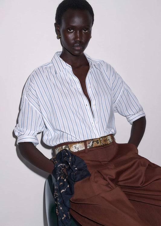 Blue Boxy Striped Crop Sleeve Shirt | ME+EM