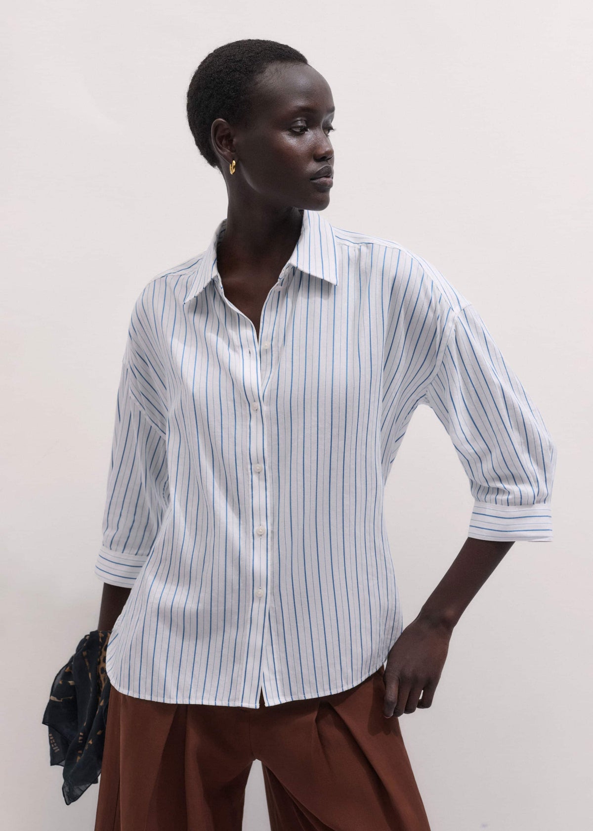Blue Boxy Striped Crop Sleeve Shirt | ME+EM