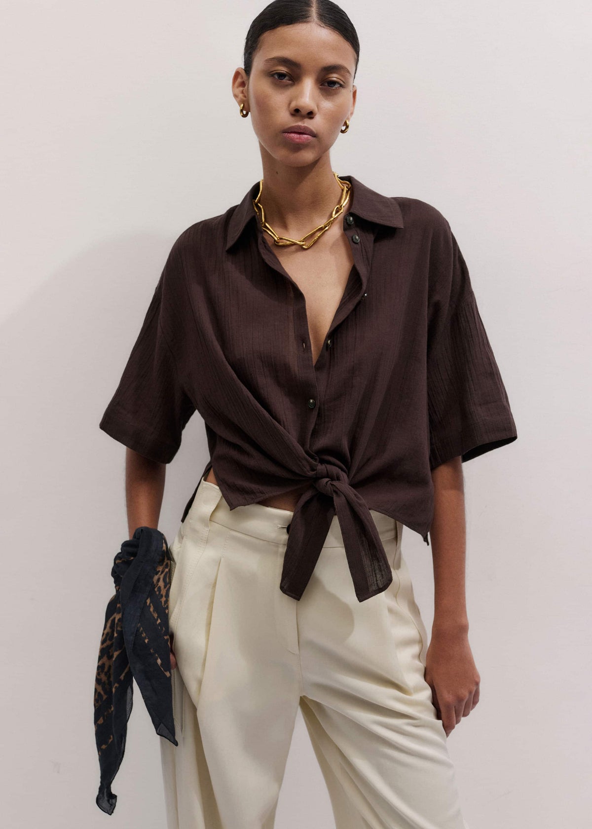 Brown Tie Front Beach Shirt | ME+EM
