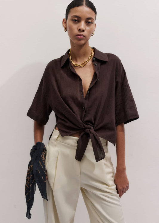 Brown Tie Front Beach Shirt | ME+EM