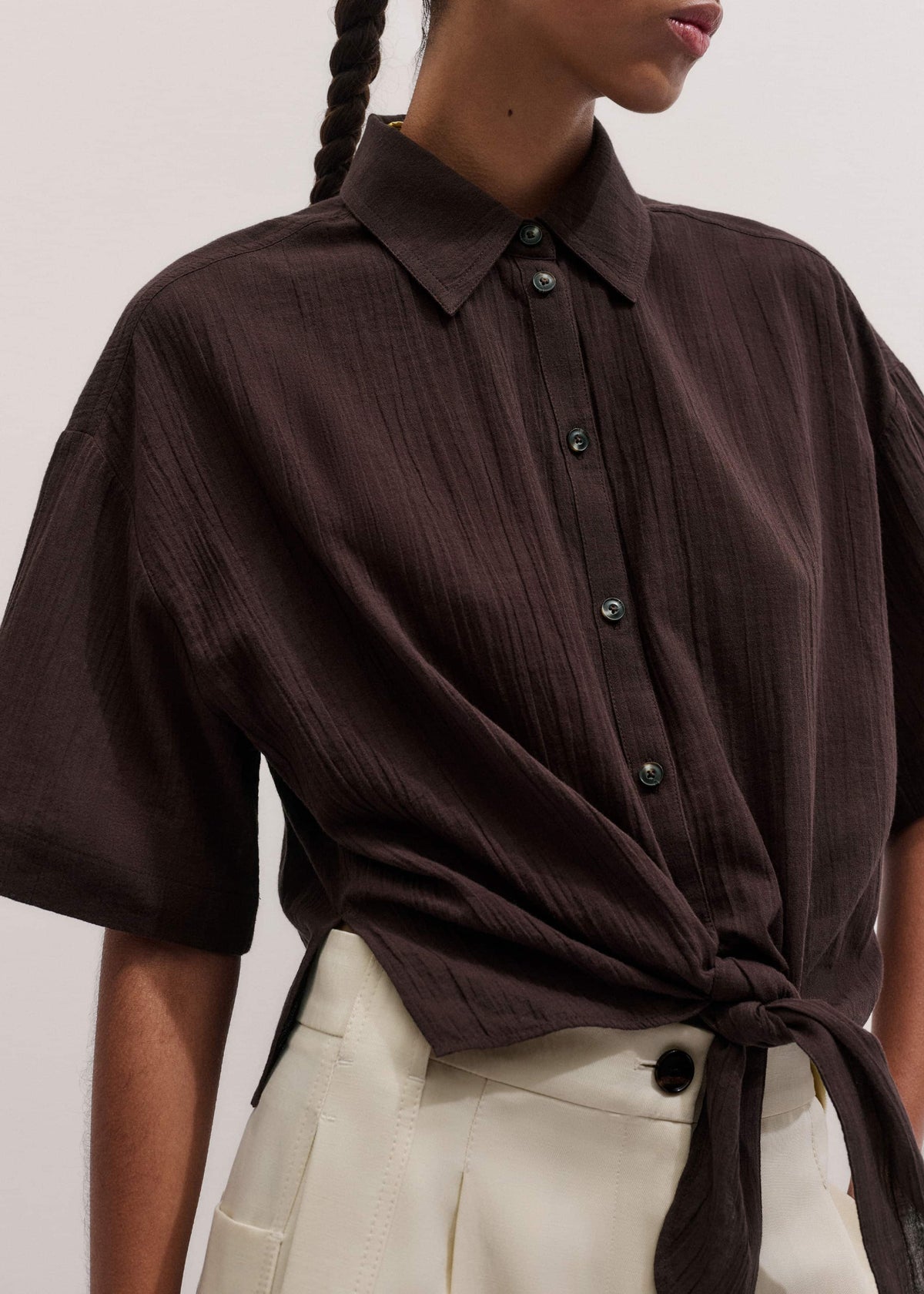 Brown Tie Front Beach Shirt | ME+EM