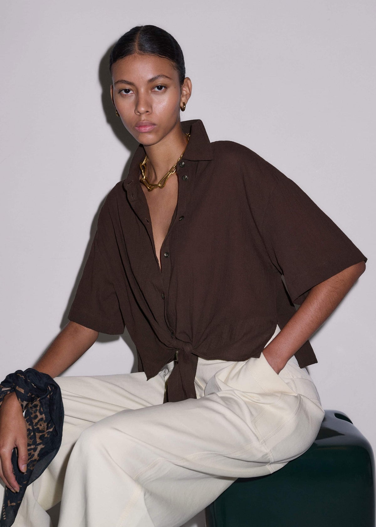 Brown Tie Front Beach Shirt | ME+EM