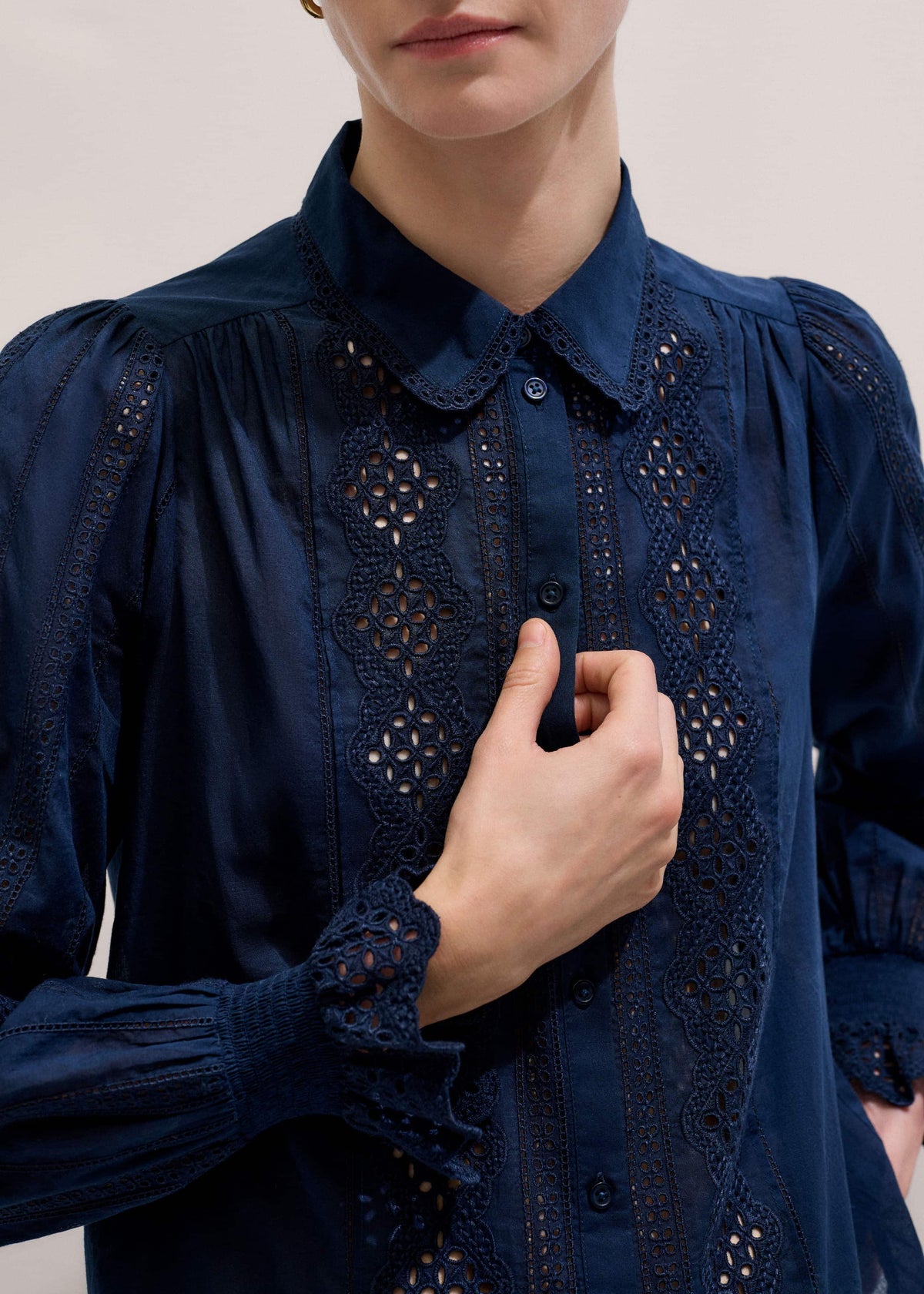 Navy Cotton Voile Broderie Detail Shirt | ME+EM