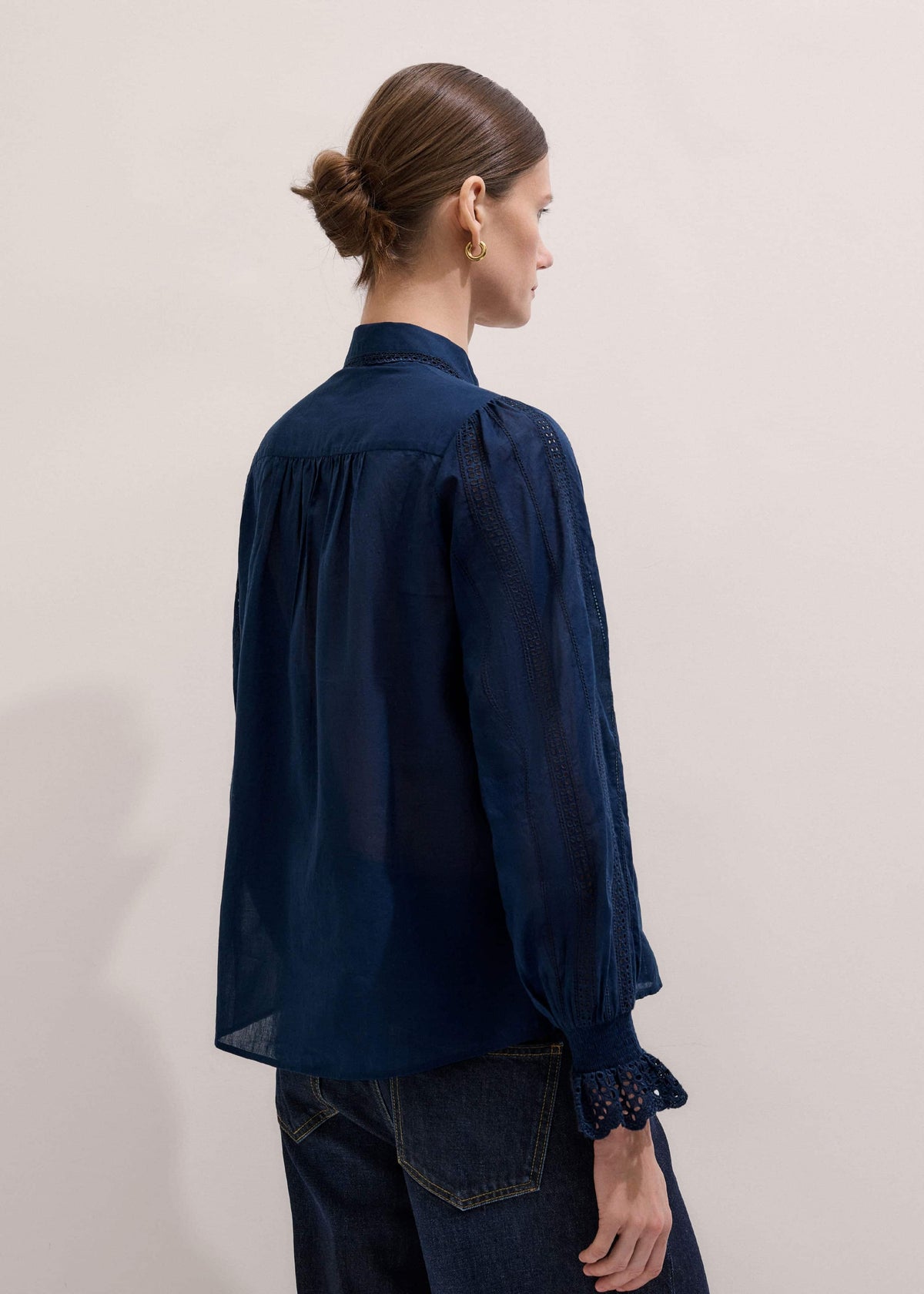 Navy Cotton Voile Broderie Detail Shirt | ME+EM