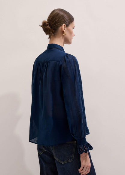 Navy Cotton Voile Broderie Detail Shirt | ME+EM