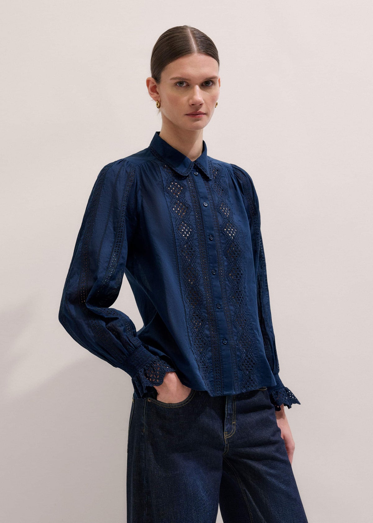 Navy Cotton Voile Broderie Detail Shirt | ME+EM