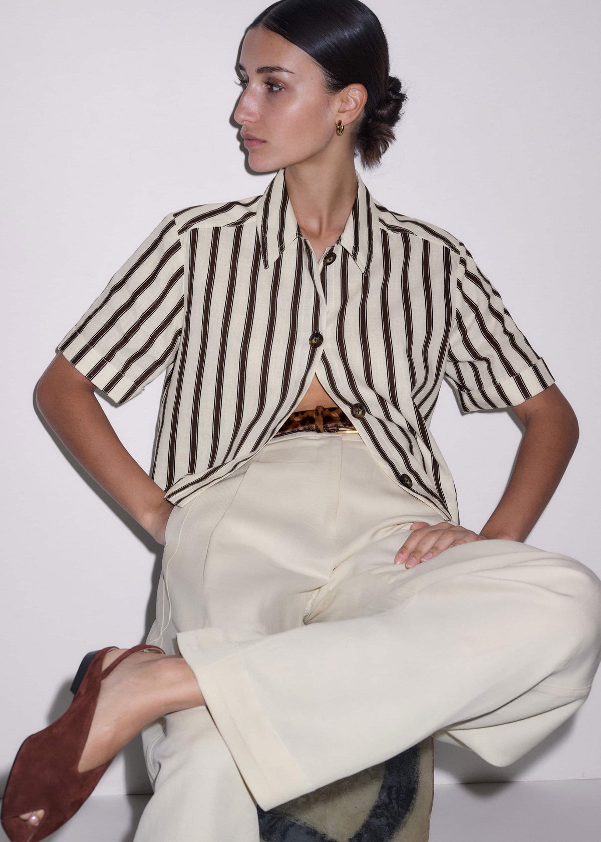 Cream Crease-Less Linen Spring Stripe Boxy Cropped Shirt | ME+EM