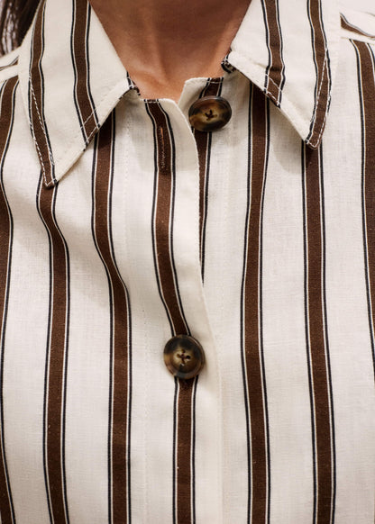 Cream Crease-Less Linen Spring Stripe Boxy Cropped Shirt | ME+EM