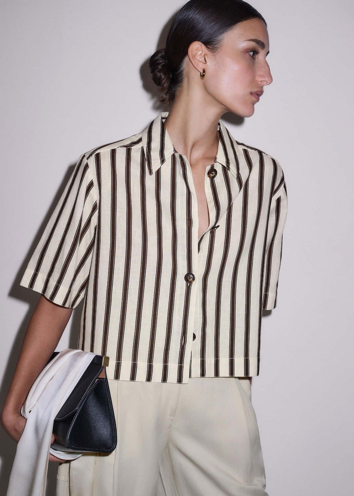 Cream Crease-Less Linen Spring Stripe Boxy Cropped Shirt | ME+EM