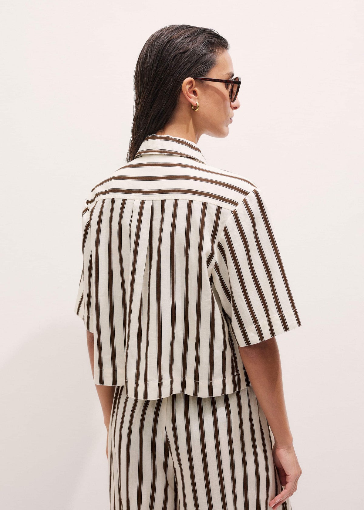 Cream Crease-Less Linen Spring Stripe Boxy Cropped Shirt | ME+EM