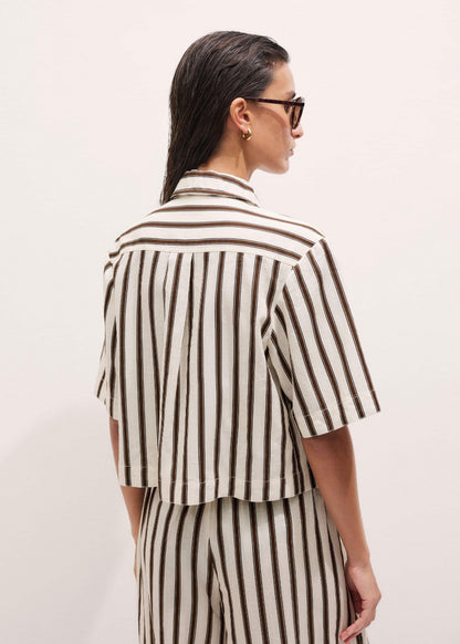 Cream Crease-Less Linen Spring Stripe Boxy Cropped Shirt | ME+EM