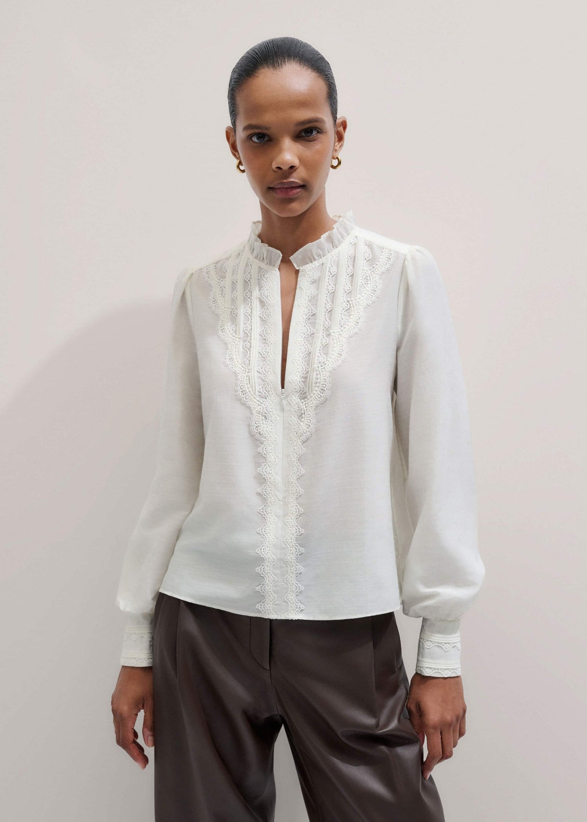 Cream Delicate Lace Trim Detail Top | ME+EM