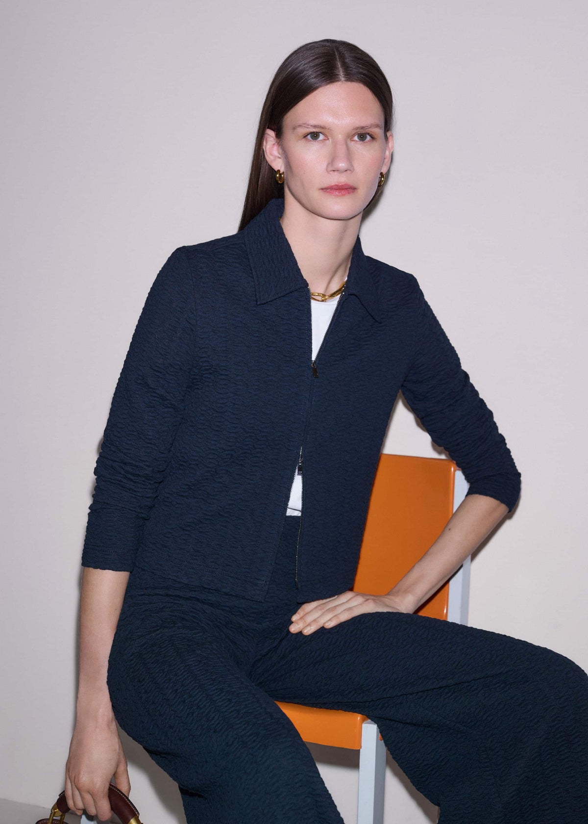 Navy Curling Crosses Jacquard Textured Zip Top | ME+EM