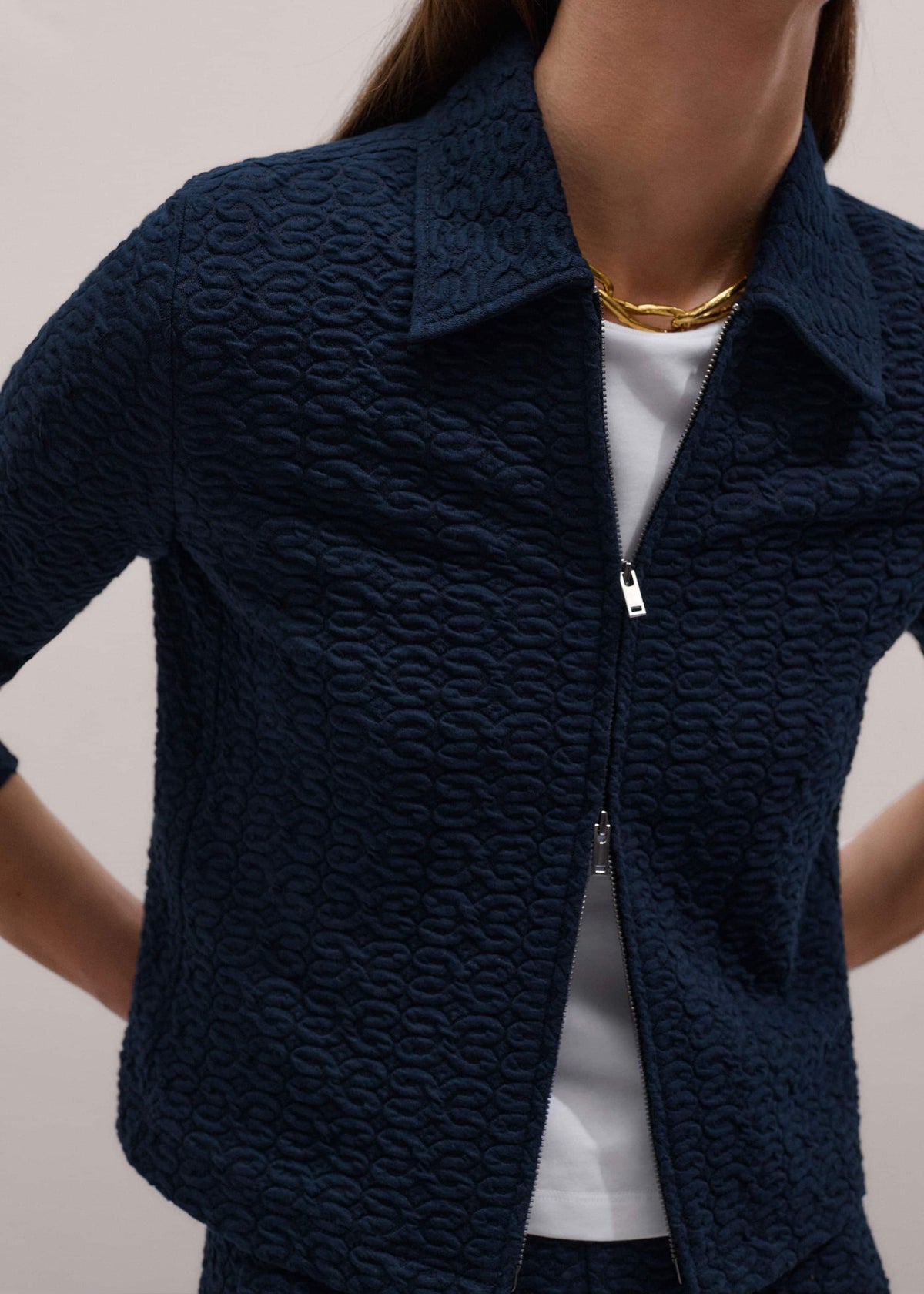 Navy Curling Crosses Jacquard Textured Zip Top | ME+EM
