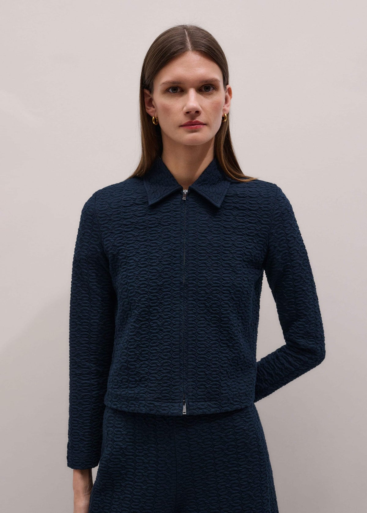 Navy Curling Crosses Jacquard Textured Zip Top | ME+EM
