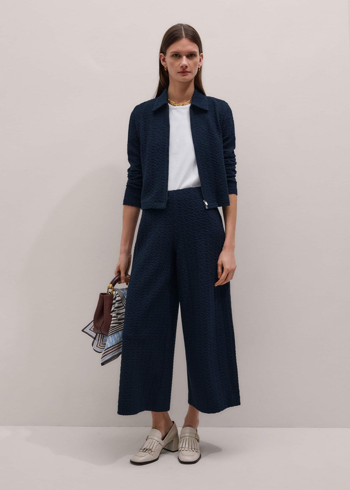 Navy Curling Crosses Jacquard Textured Zip Top | ME+EM