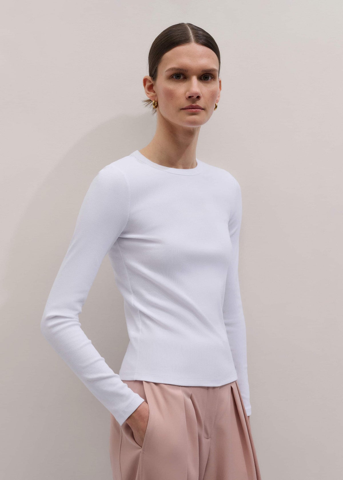 White Cotton Rib Long Sleeve Top | ME+EM