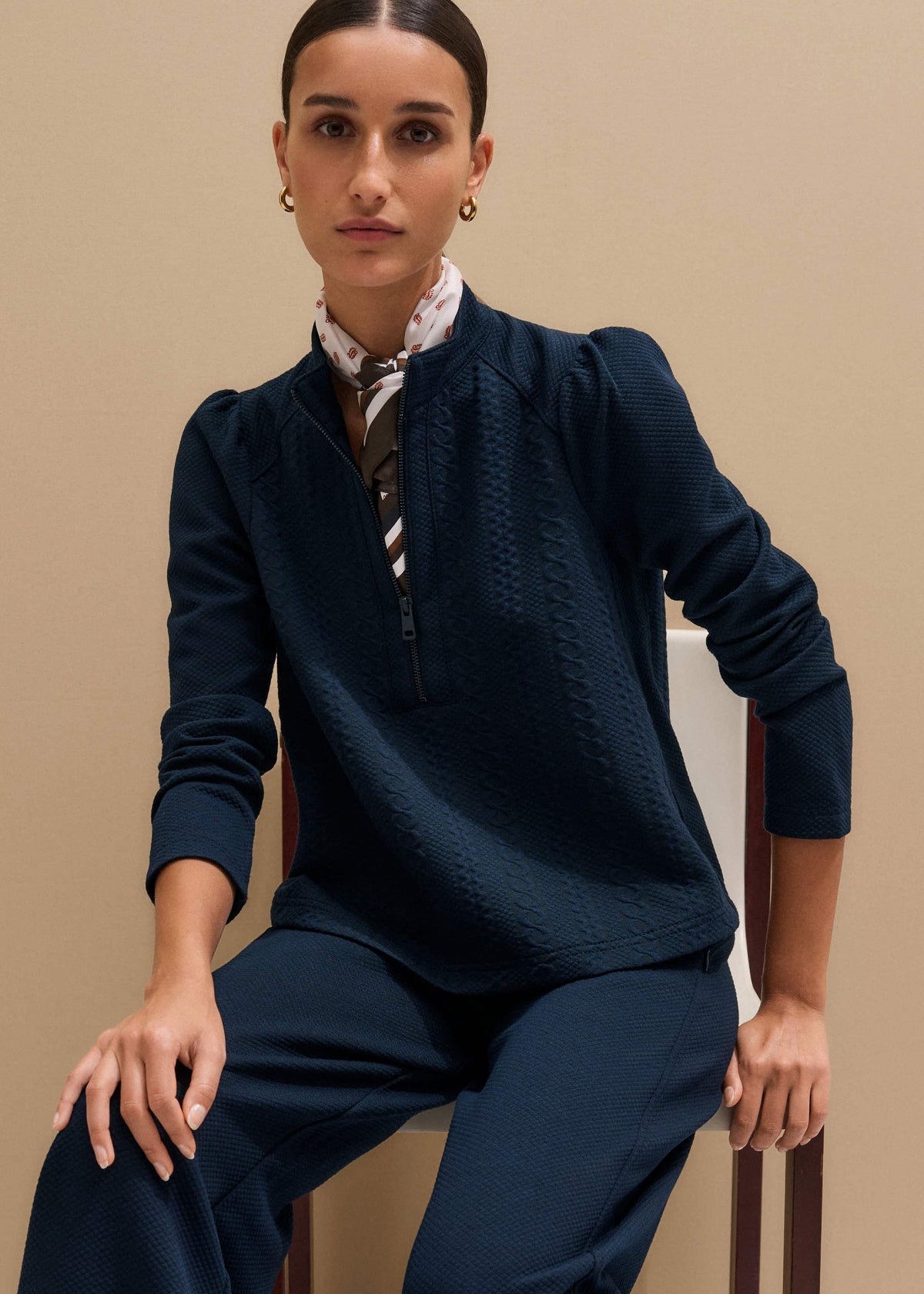 Navy Cable Jacquard Half-Zip Top | ME+EM