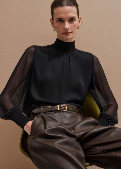 Black Silk Chic Rib Straight Blouse | ME+EM