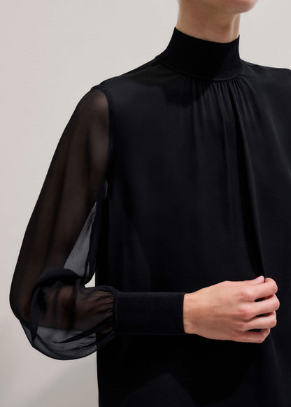 Black Silk Chic Rib Straight Blouse | ME+EM