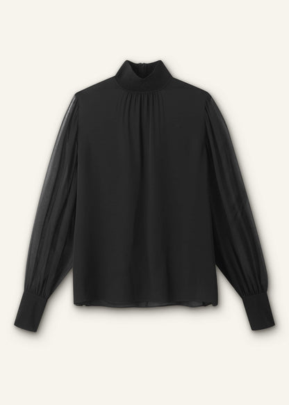 Black Silk Chic Rib Straight Blouse | ME+EM