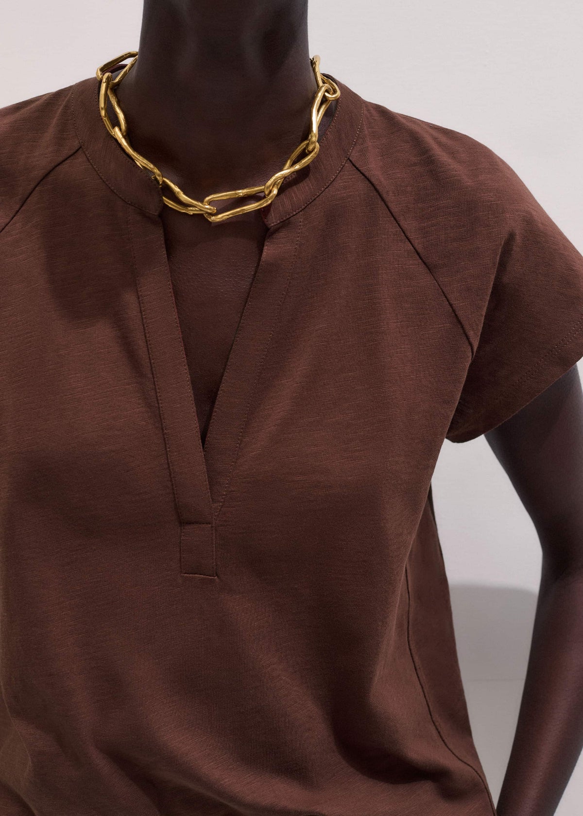 Cinnamon Open Placket V-Neck Swing Top | ME+EM