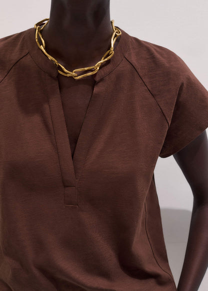 Cinnamon Open Placket V-Neck Swing Top | ME+EM