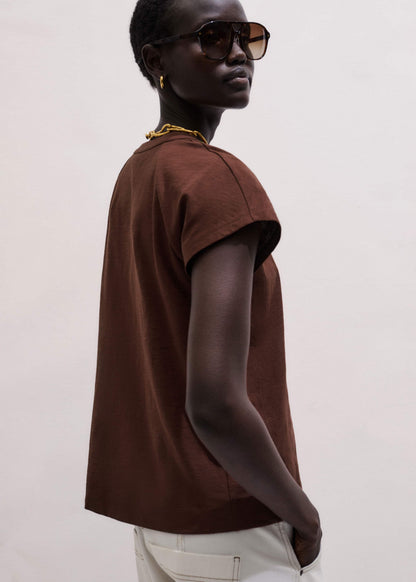 Cinnamon Open Placket V-Neck Swing Top | ME+EM