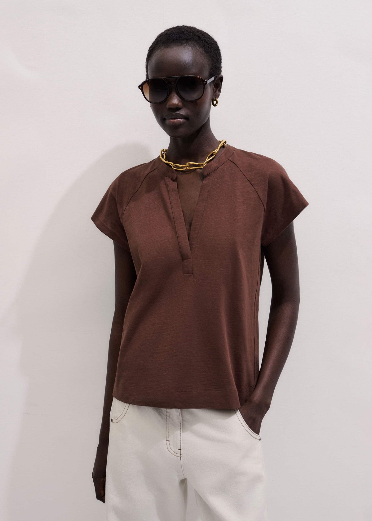 Cinnamon Open Placket V-Neck Swing Top | ME+EM