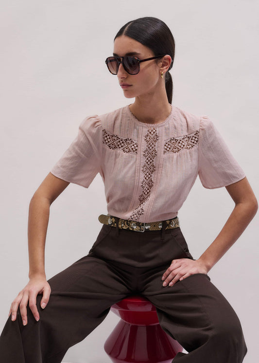 Pink Embroidered Cutout Tee | ME+EM