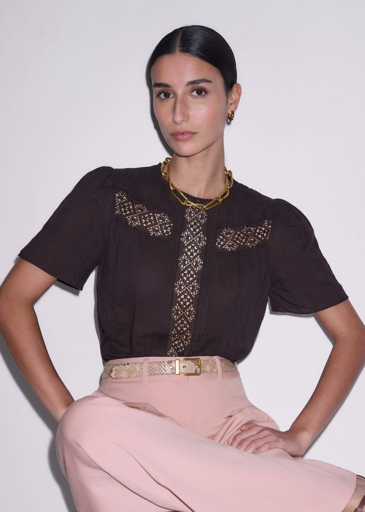 Brown Embroidered Cutout Tee | ME+EM