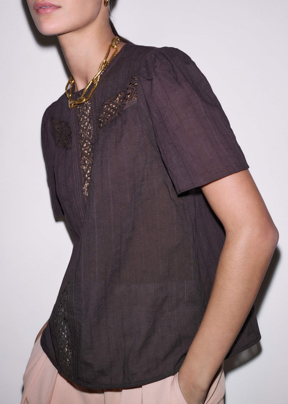 Brown Embroidered Cutout Tee | ME+EM