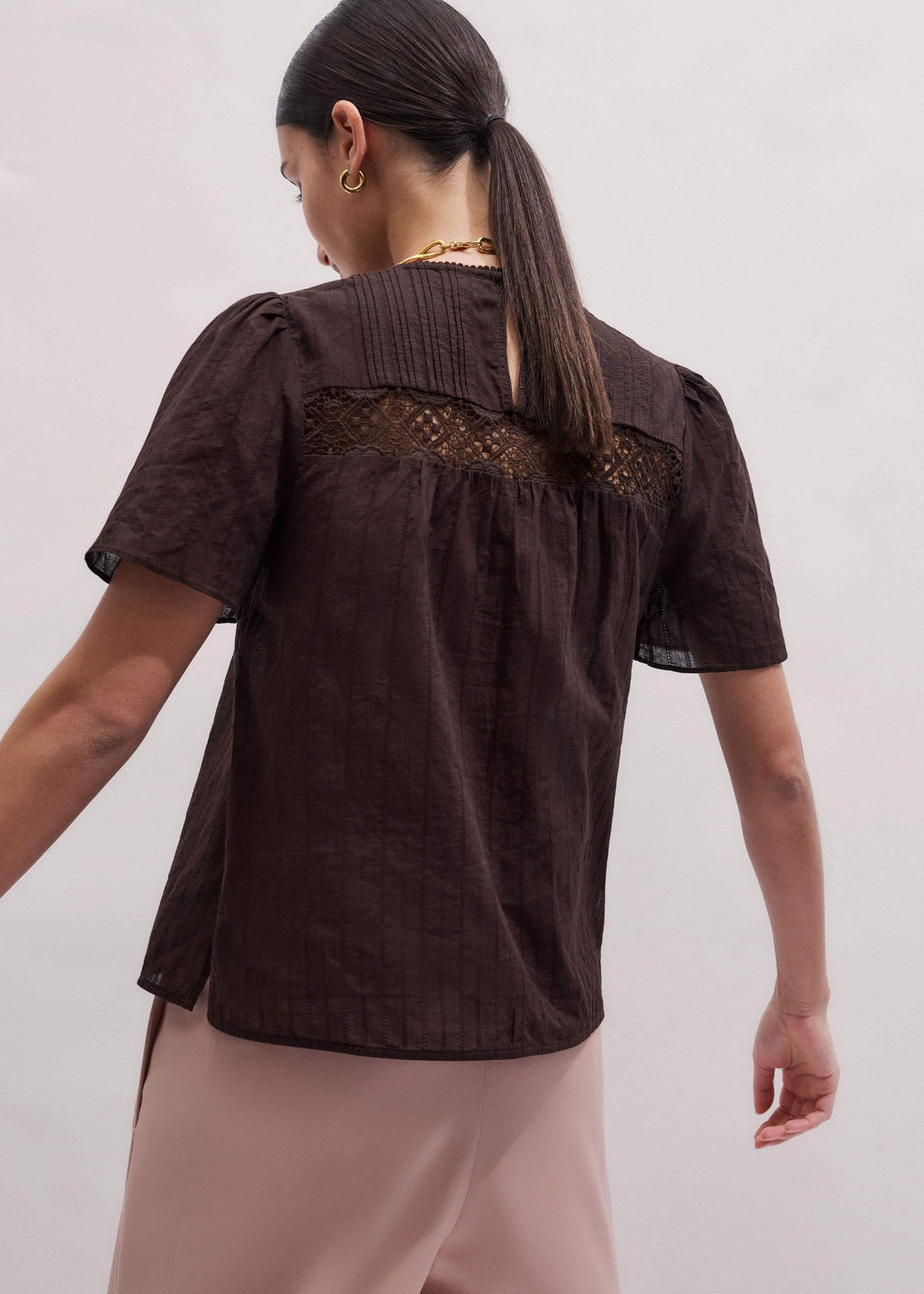 Brown Embroidered Cutout Tee | ME+EM