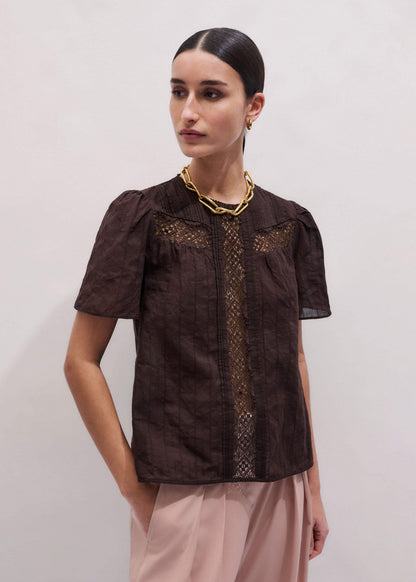 Brown Embroidered Cutout Tee | ME+EM