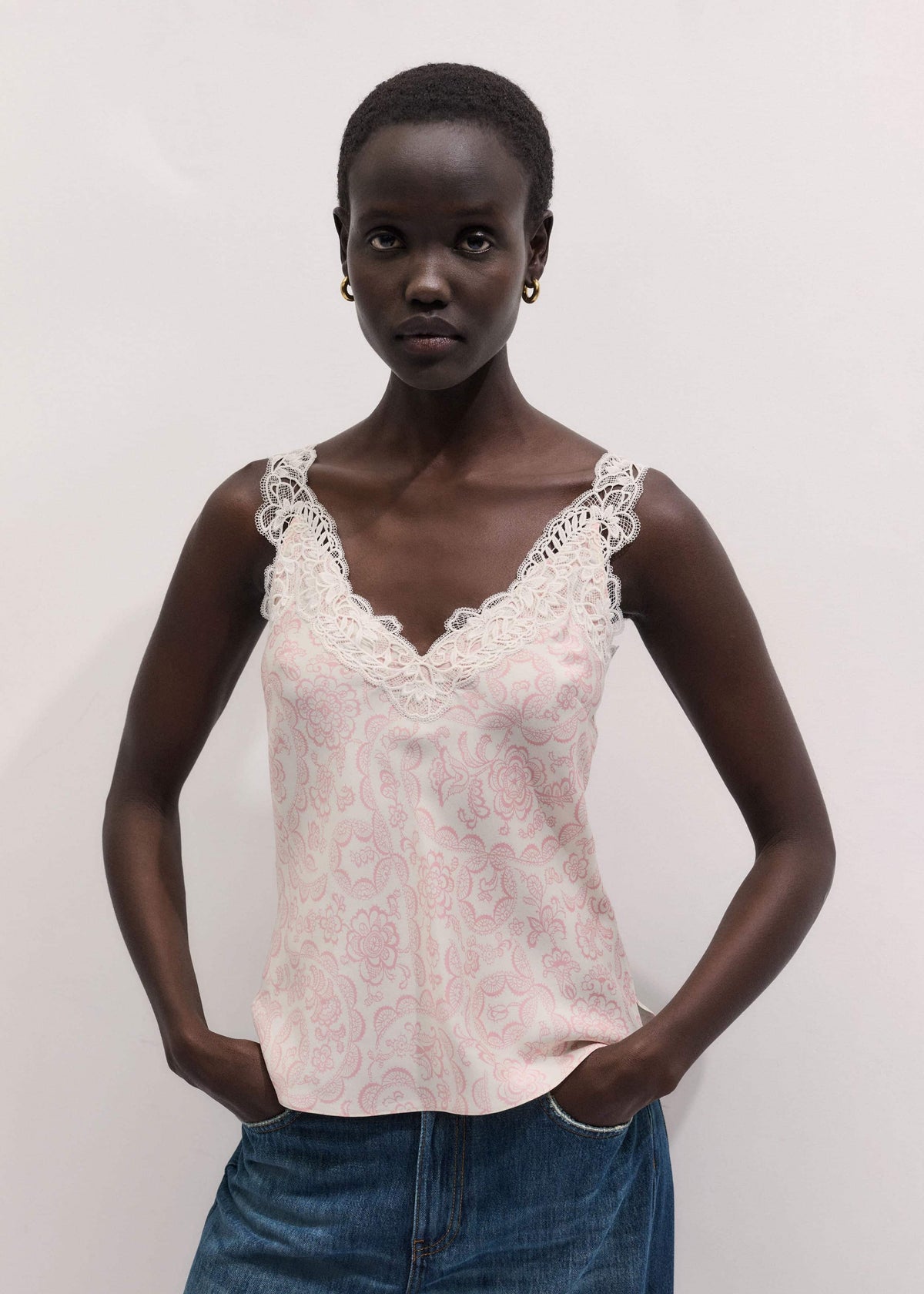 Cream Silk Satin Entangled Lace Trim Cami Top | ME+EM