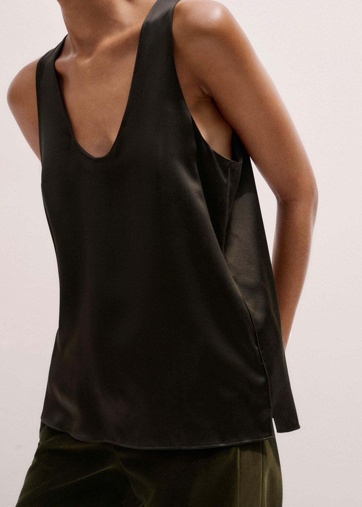 Olive Green Silk Satin Evening Tank Top | ME+EM