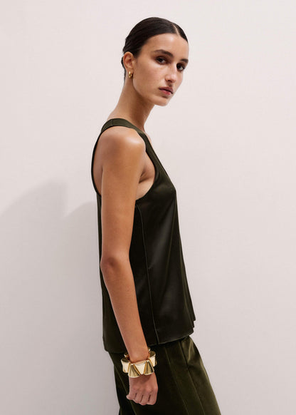 Olive Green Silk Satin Evening Tank Top | ME+EM