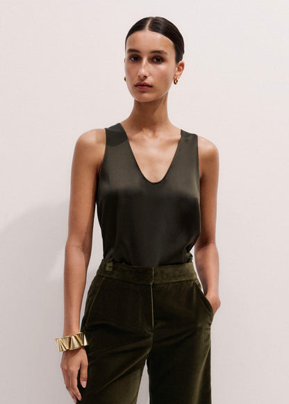 Olive Green Silk Satin Evening Tank Top | ME+EM