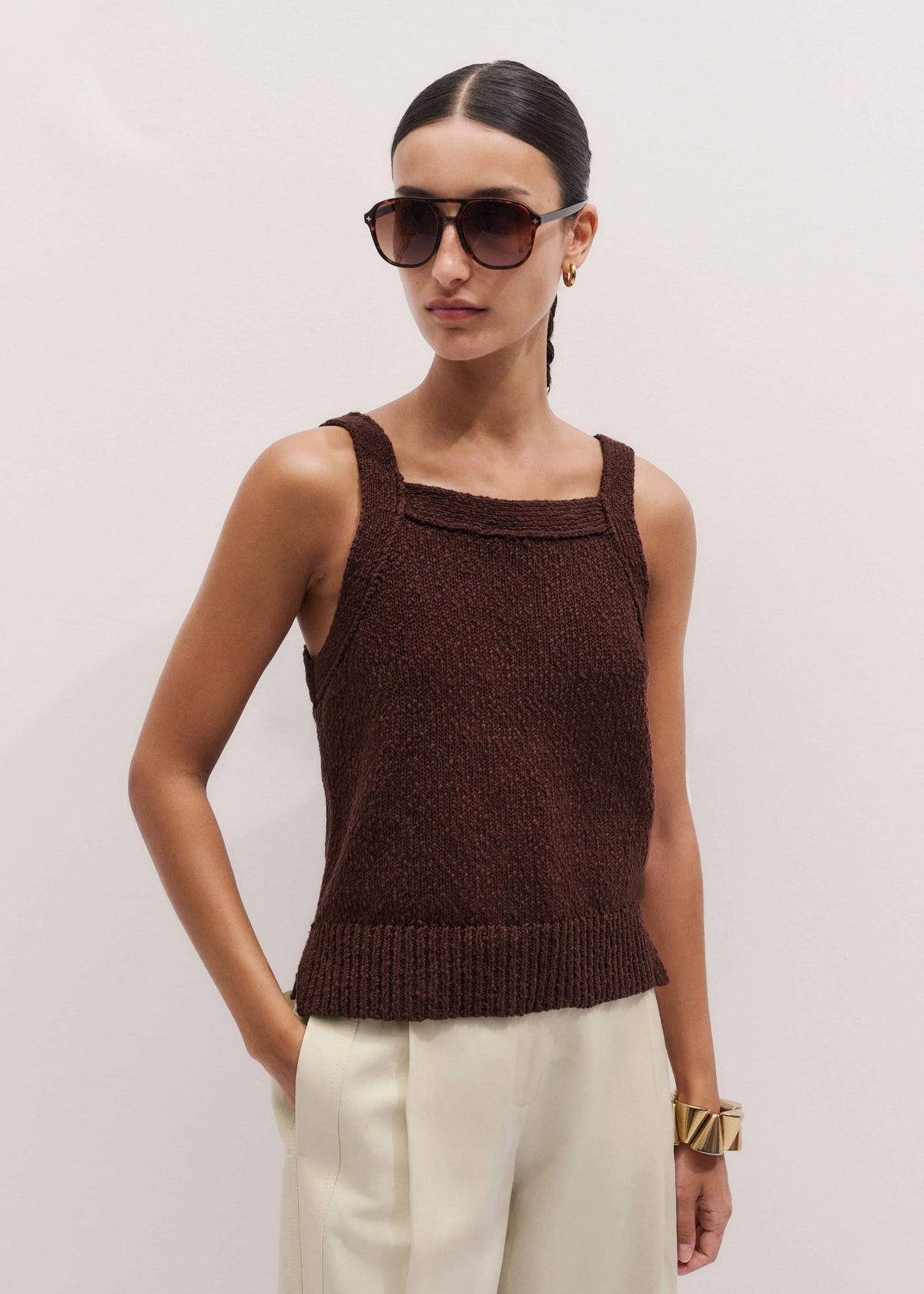 Cinnamon Brown Square Neck Knit Top | ME+EM
