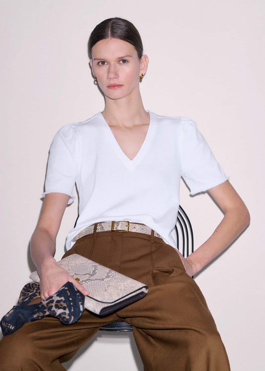White Raw Edge V-Neck Swing Sweatshirt | ME+EM