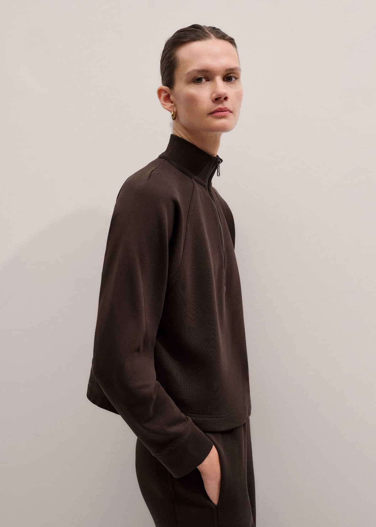 Brown Sweatshirt Cropped Funnel Neck Top | ME+EM