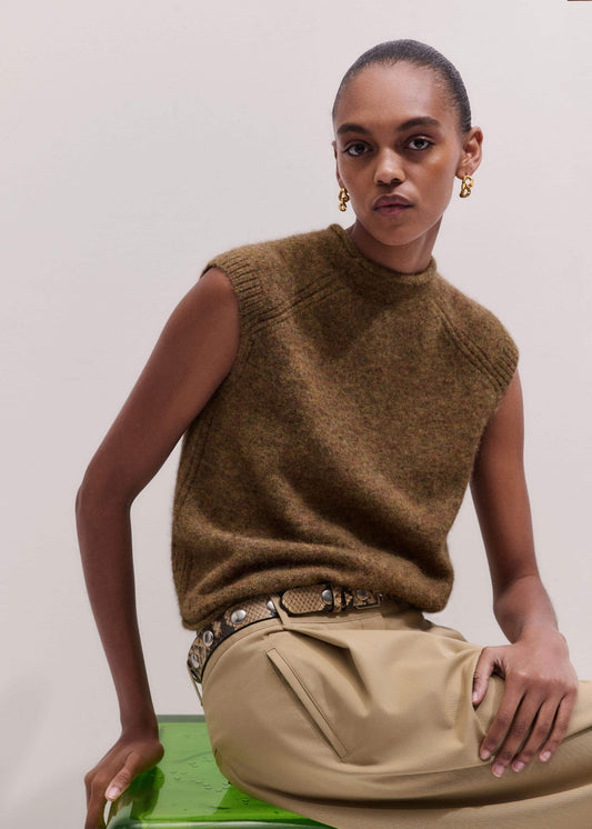 Brown Roll Trim Straight Layering Sweater Vest | ME+EM