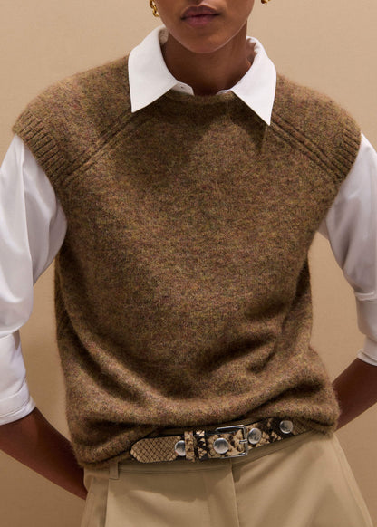 Brown Roll Trim Straight Layering Sweater Vest | ME+EM