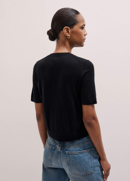 Black Merino Cashmere Barely There Buttoned Knit Tee | ME+EM