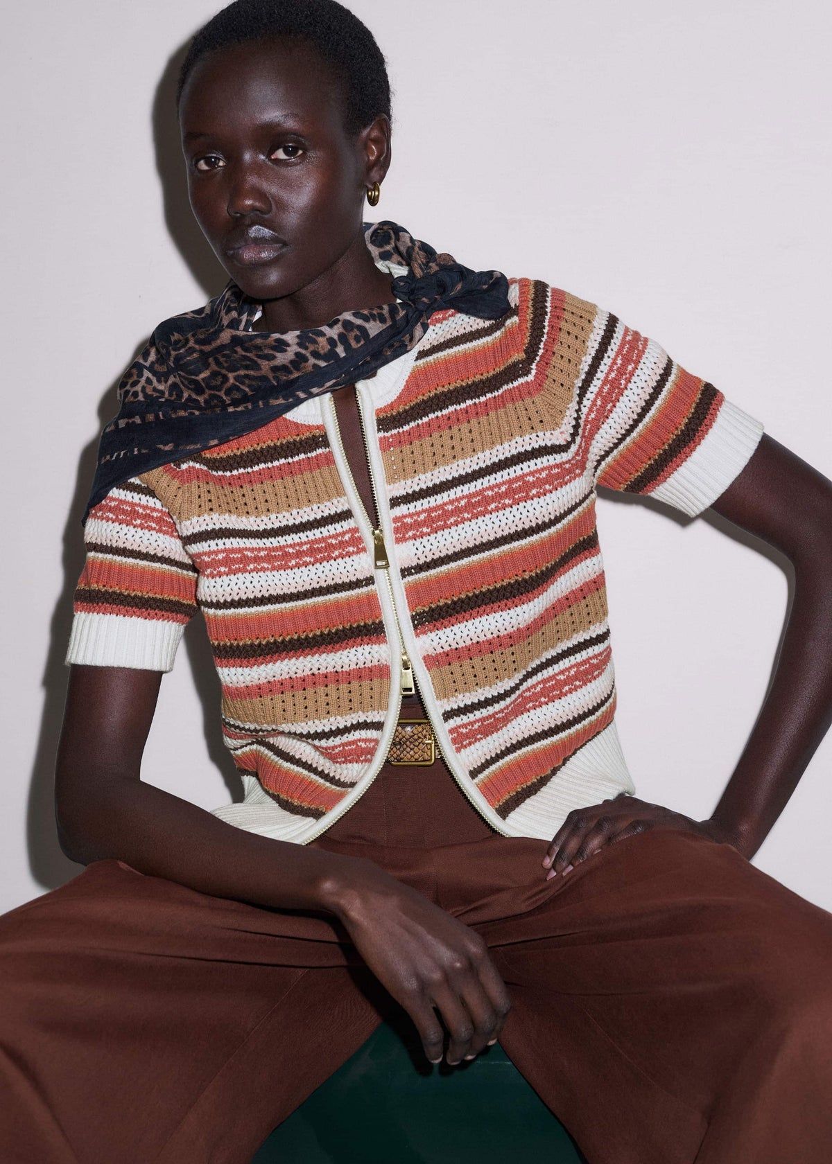 Cinnamon Brown Double Zip Knit Tee | ME+EM